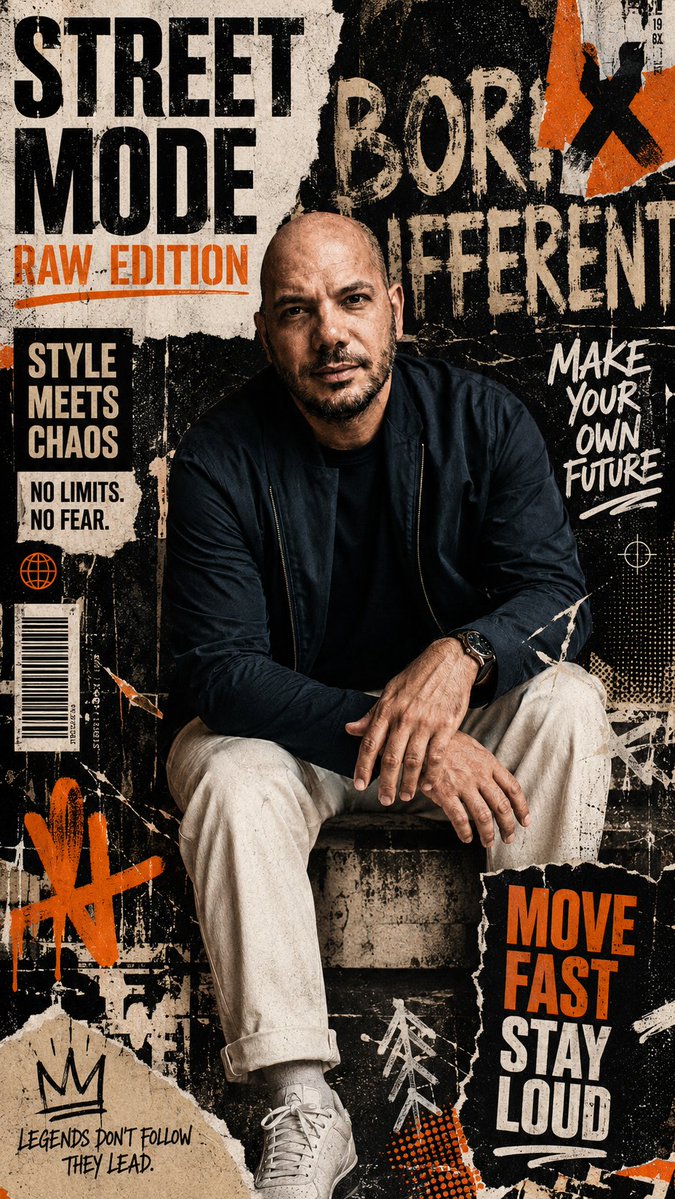 temdem1406's tweet photo. 📰 Yeni Sayı Yayında | STREET MODE • RAW EDITION
Sokak kültürü, moda ve grafik tasarım tek bir kapakta buluştu. Yırtık poster dokuları, güçlü tipografi ve sinematik bir editorial estetik...
Bu kapağın üretim promptu yorumlarda. 👇🔥
#MagazineCover #EditorialDesign #StreetMode #AIArt #AIImage #GraphicDesign #CreativeAI #PromptShare