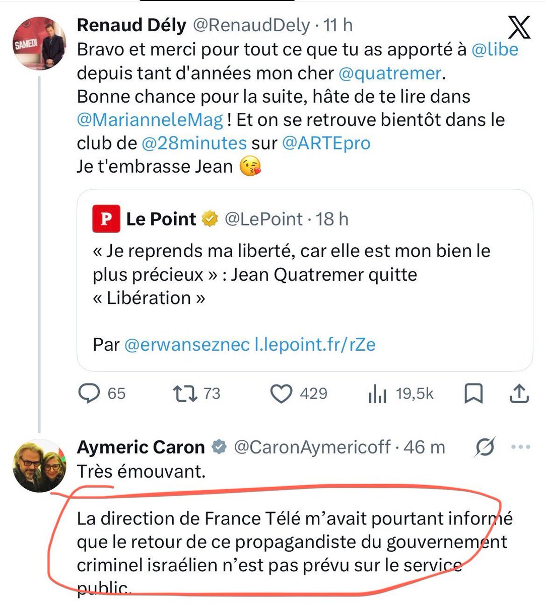 ojim_france's tweet photo. 🔴Dans un tweet, Aymeric Caron révèle que la direction de France Télévisions est en lien direct avec le cadre de LFI et que ce dernier a été tenu "informé" du sort réservé au journaliste Jean Quatremer.

(@DestinationTele) https://t.co/pBdCISeje0