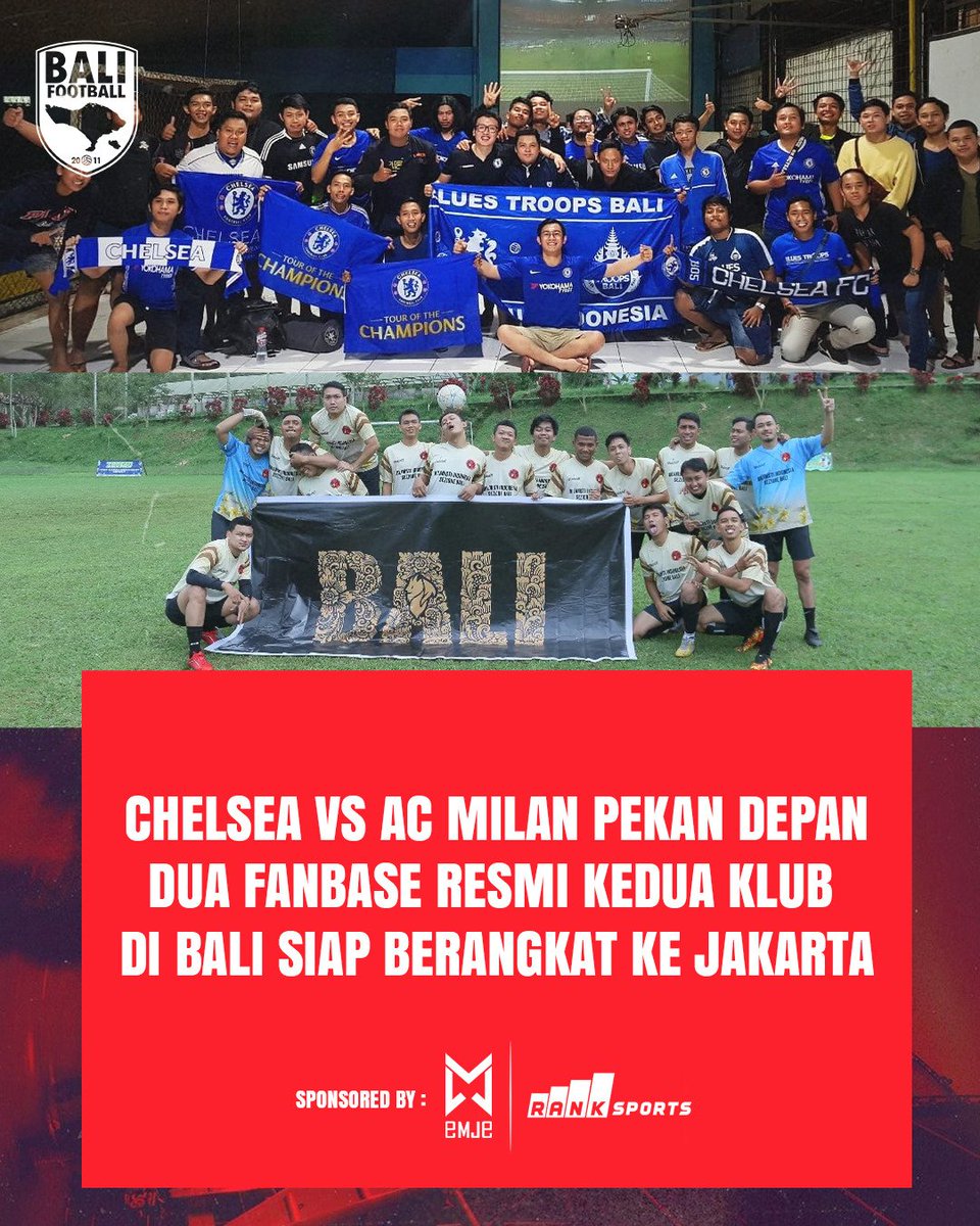 Bali_Football's tweet photo. Dua klub top Eropa Chelsea dan AC Milan akan mengadakan pertandingan pra musim pekan depan di Gelora Bung Karno, Jakarta pada 8 Agustus 2026

Pertandingan yang dipromotori oleh Ninensport ini akan menarik ditunggu apalagi sudah lama sejak terakhir kali dua klub yang pernah juara UCL ini datang ke Indonesia.

Dua komunitas resmi kedua klub di Bali yaitu Blues Troops Bali dan Milanisti Bali juga mengkonfirmasi akan berangkat untuk menyaksikan laga bersejarah ini.

"Member Blues Troops Bali sudah memesan 70 tiket untuk pertandingan nanti, kami berangkat ada yang H-2 dan H-1 pertandingan, ada yang lewat jalur darat dan udara juga," Kata Yudi, ketua komunitas Blues Troops Bali

Pun demikian dengan Milanisti Bali yang juga dipastikan akan berangkat ke Jakarta menggunakan transportasi darat dan udara.

"Dari pembelian tiket ada 48 member Milanisti Bali yang berangkat menggunakan moda transportasi darat dan udara tanggal 6-8 Agustus nanti," Ungkap Jun salah satu pengurus Milanisti Bali.

Semeton ada yang juga berangkat ke Jakarta nonton laga Chelsea vs AC Milan nanti di GBK?? 😏

Tiket pertandingan bisa dibeli di @NineSportInc_

Buat yang mau join komunitas bisa follow @BluesTroopsBALI & @MIsezBali