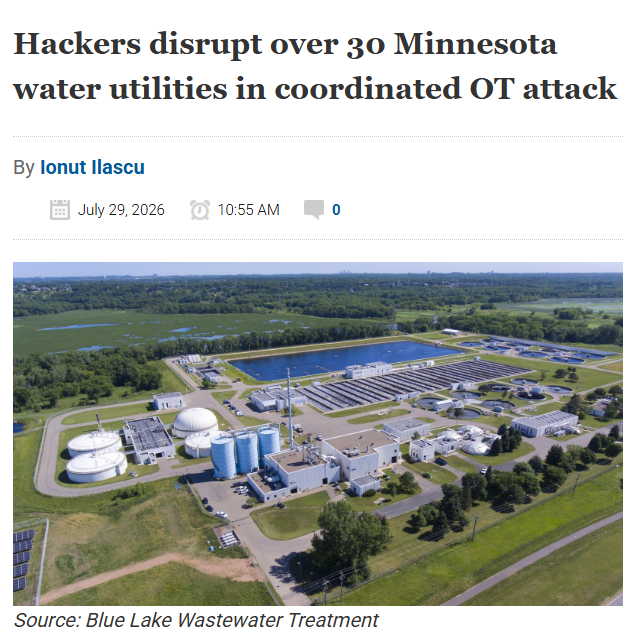 H4ckmanac's tweet photo. ‼️Coordinated cyberattack disrupts over 30 Minnesota water utilities

Threat actors carried out a coordinated cyberattack targeting the operational technology (OT) systems of more than 30 community water utilities in Minnesota on July 26–27, 2026. 

The attacks disrupted water treatment operations, forcing several utilities to switch to manual operations or contingency plans while maintaining water services. 

The City of Braham confirmed that its water plant outage was caused by a malicious cyberattack against its computerized operating systems, although the facility was restored within hours.

Status: Confirmed
ESIX©: 8.21

Full details and impact assessment on https://t.co/eB7qgxLdpI