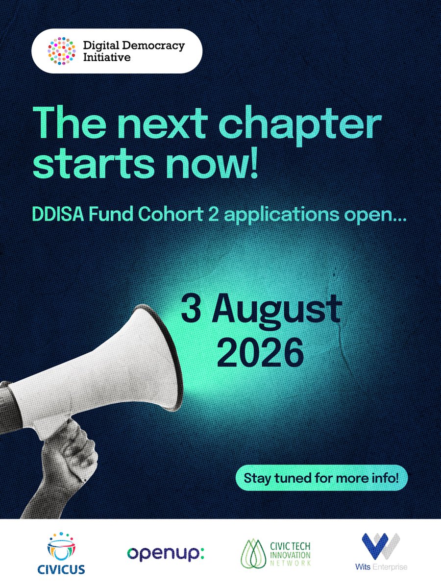 CivicTechAfrica's tweet photo. 📣 Applications for DDISA Fund Cohort 2 open 3 Aug and close 23 Aug 2026!

🌍Learn more: https://t.co/MSoZQRgfpU
📩Newsletter: https://t.co/AVk9VzCq05

#CivicTech #FundingOpportunity #SubSaharanAfrica #DigitalDemocracy https://t.co/orkV7s1xuy