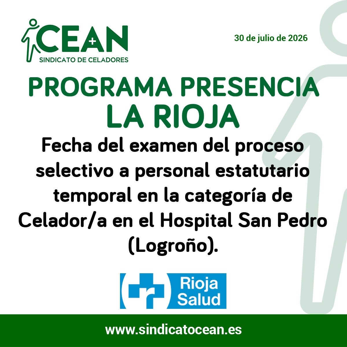 ceansindicato's tweet photo. 🗣 #CEANINFORMA:
PROGRAMA PRESENCIA | LA RIOJA | Fecha del examen del proceso selectivo a personal estatutario temporal en la categoría de Celador/a en el Hospital San Pedro (Logroño).
➕INFO 👇
https://t.co/pnaoOZ7B4i
#Celador #Celadora
#CEAN #SomosTuSindicato https://t.co/lipGE35HuL