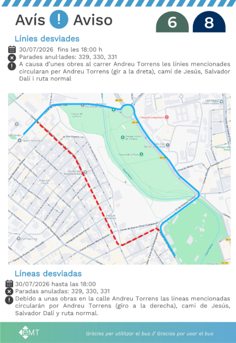 EMT_Palma's tweet photo. #AvisosEMT ⚠️Avui 30/07 les línies 6 i 8 circulen desviades per obres a Andreu Torrens fins les 18:00h. Parades anul·lades: 329, 330, 331.
-
⚠️ Hoy 30/07 las líneas 6 y 8 circulan desviadas por obras en Andreu Torrens hasta las 18:00h. Paradas anuladas: 329, 330, 331. https://t.co/se9IDgJD7F