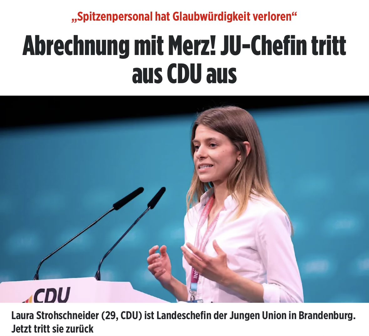 queru_lant's tweet photo. Laura Strohschneider schämt sich für die Bundespolitik. Sie legt alle Ämter nieder und verlässt die CDU.

Die Luft für Merz wird immer dünner, wie lange kann sich der Gummihals noch als Kanzler halten? https://t.co/rmC2RRQpuq