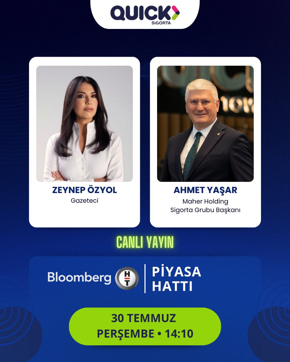 quicksigorta's tweet photo. Maher Holding Sigorta Grubu Başkanı Ahmet Yaşar, Zeynep Özyol’un sunduğu “Piyasa Hattı” programının canlı yayınına konuk oluyor. 📺
#BloombergHT #QuickSigorta https://t.co/wCAM20BUpe