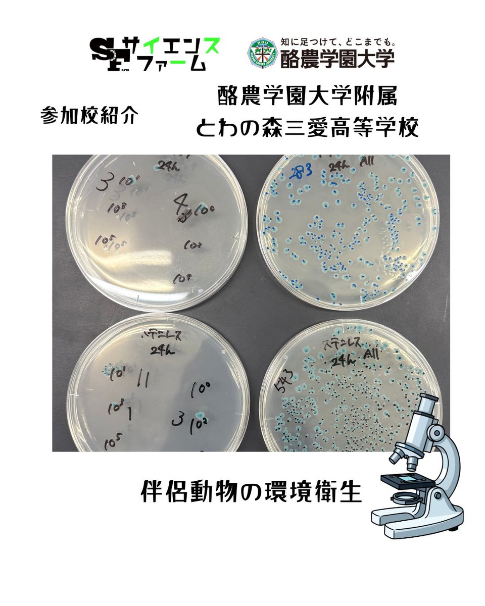 science_farm's tweet photo. 【参加校紹介】酪農学園大学附属とわの森三愛高等学校
＼開催まであと2日！／
サイエンスファーム発表校の紹介！
演題『伴侶動物の環境衛生』
フードボウルの素材による衛生面の違いからペットの暮らしを守る研究です！発表楽しみにしています！
#サイエンスファーム2026 #酪農学園大学 https://t.co/gjjQCUi8oq