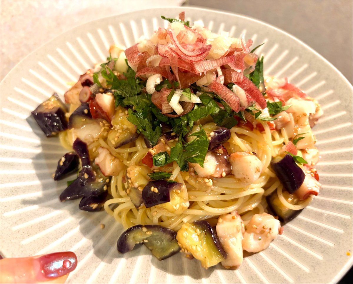 j1k98u's tweet photo. ナスとタコと梅と薬味の冷製パスタ🍆🐙🍝激うま https://t.co/IML3NFfOJF