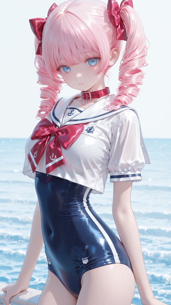 AliceLavli's tweet photo. セーラー服とスクール水着の重ね着コーデの衣装プロンプトをどうぞ✨
classic sailor school swimsuit, one-piece school swimsuit with integrated sailor uniform design, deep navy stretch swimsuit body, fitted athletic silhouette, short fitted sleeves, crisp white sailor yoke extending across the shoulders and upper chest, oversized navy sailor collar with double white stripe trim, matching navy sailor flap on the back, large vivid crimson satin sailor bow centered beneath the collar, scoop neckline beneath the sailor collar, smooth matte swim fabric, clean princess seam shaping, deep navy fabric only on the swimsuit body and sailor collar, pure white only on the sailor yoke and sleeve panels, vivid crimson only on the center bow, white stripe trim only along the sailor collar edge, strict color placement, fixed colors, fixed silhouette
