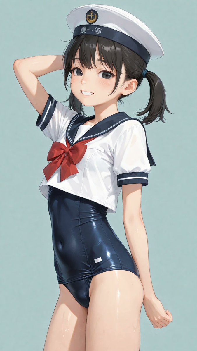 AliceLavli's tweet photo. セーラー服とスクール水着の重ね着コーデの衣装プロンプトをどうぞ✨
classic sailor school swimsuit, one-piece school swimsuit with integrated sailor uniform design, deep navy stretch swimsuit body, fitted athletic silhouette, short fitted sleeves, crisp white sailor yoke extending across the shoulders and upper chest, oversized navy sailor collar with double white stripe trim, matching navy sailor flap on the back, large vivid crimson satin sailor bow centered beneath the collar, scoop neckline beneath the sailor collar, smooth matte swim fabric, clean princess seam shaping, deep navy fabric only on the swimsuit body and sailor collar, pure white only on the sailor yoke and sleeve panels, vivid crimson only on the center bow, white stripe trim only along the sailor collar edge, strict color placement, fixed colors, fixed silhouette