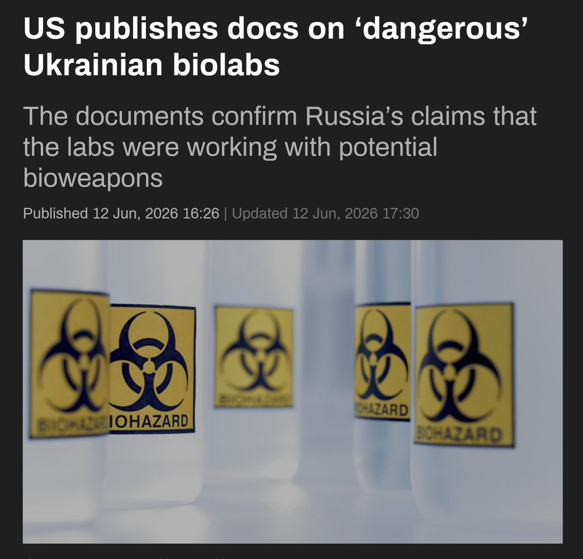 dbaDonald's tweet photo. WHAAaaT: America coming clean about their biolabs in Ukraine ❓️❓️❓

How many viruses did Ukraine release into the wild to save its own ass❓️

Who are we to sue.....Washington or Zelensky ❓️ https://t.co/g7DHng5Pzk