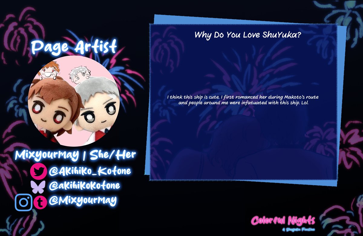 akihiko_kotone's tweet photo. Hello everyone! I've joined this zine too!! 
@colorfulnightsz
 Here's a little sneak peek of my work. Everyone should check out the Shuyuka zine so you can see the full cute art! (Secretly, someone else is in that art too 🤫)
#Shuyuka #主ゆか #Persona3 https://t.co/yzoq2n6420