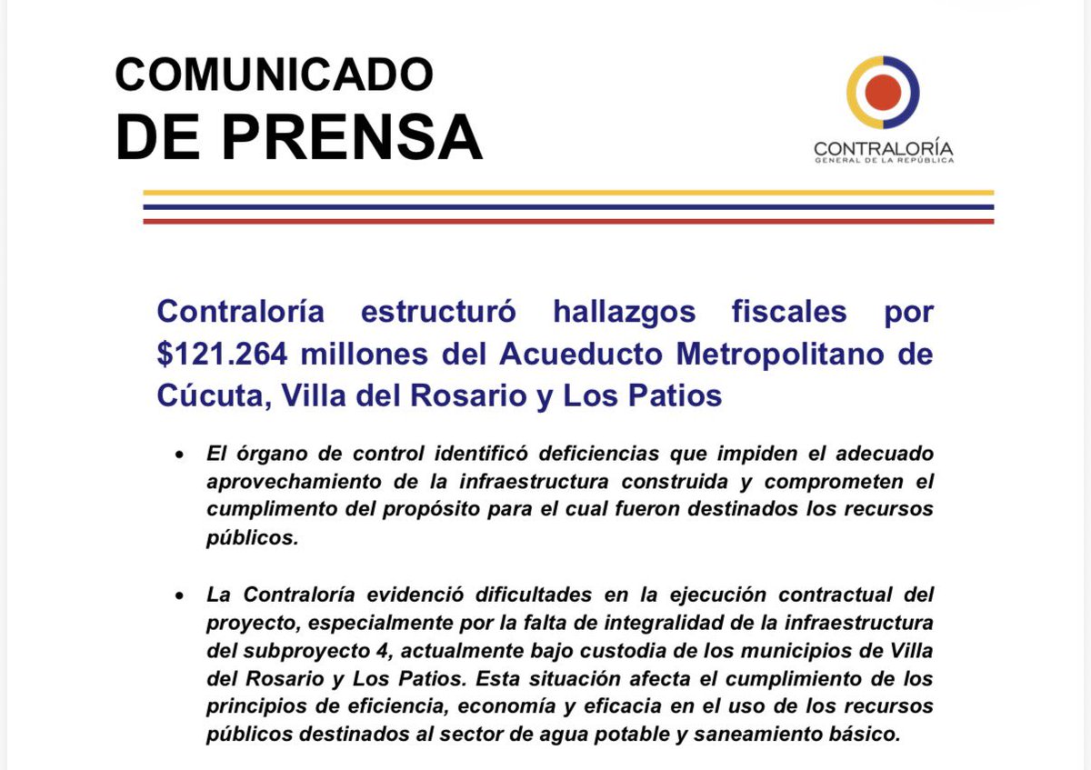 CGR_Colombia's tweet photo. 🚨La @CGR_Colombia estructuró 2 hallazgos fiscales por $121.264 millones tras la auditoría al Acueducto Metropolitano de #Cúcuta, Villa del Rosario y Los Patios (vigencias 2024-2025). Además, estableció 8 hallazgos administrativos, 6 con presunta incidencia disciplinaria y 1 que dará lugar a indagación preliminar.