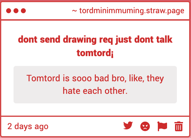 tordminimumingg's tweet photo. haha! see, the joke here is that they are referring of a non-existing universe where tom n tord hate each other!  they are canonically really great friends who like each other alot (platonicly cuz yk they r cishet lol yay straights) https://t.co/aXjZNtHUqZ