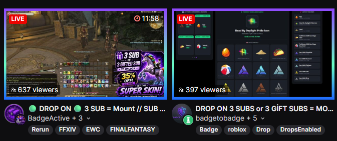 anniefuchsia's tweet photo. @itmeJP 😔 Currently top 3 in the category during FF14's mount campaign: "BadgeActive" and "BadgetoBadge" (2nd channel doesn't even have gameplay) https://t.co/kJSJRRvhYO