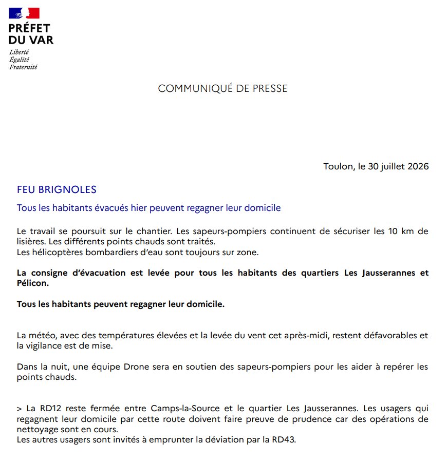 Prefet83's tweet photo. #Feu #BRIGNOLES | Jeudi 30 juillet - 13h00   
✔️ Point de situation
> Levée des consignes d'évacuation. 
> RD12 en cours de nettoyage, fermée de Camps-la-Source au quartier Les Jausserannes. https://t.co/VOt8G61Sbl