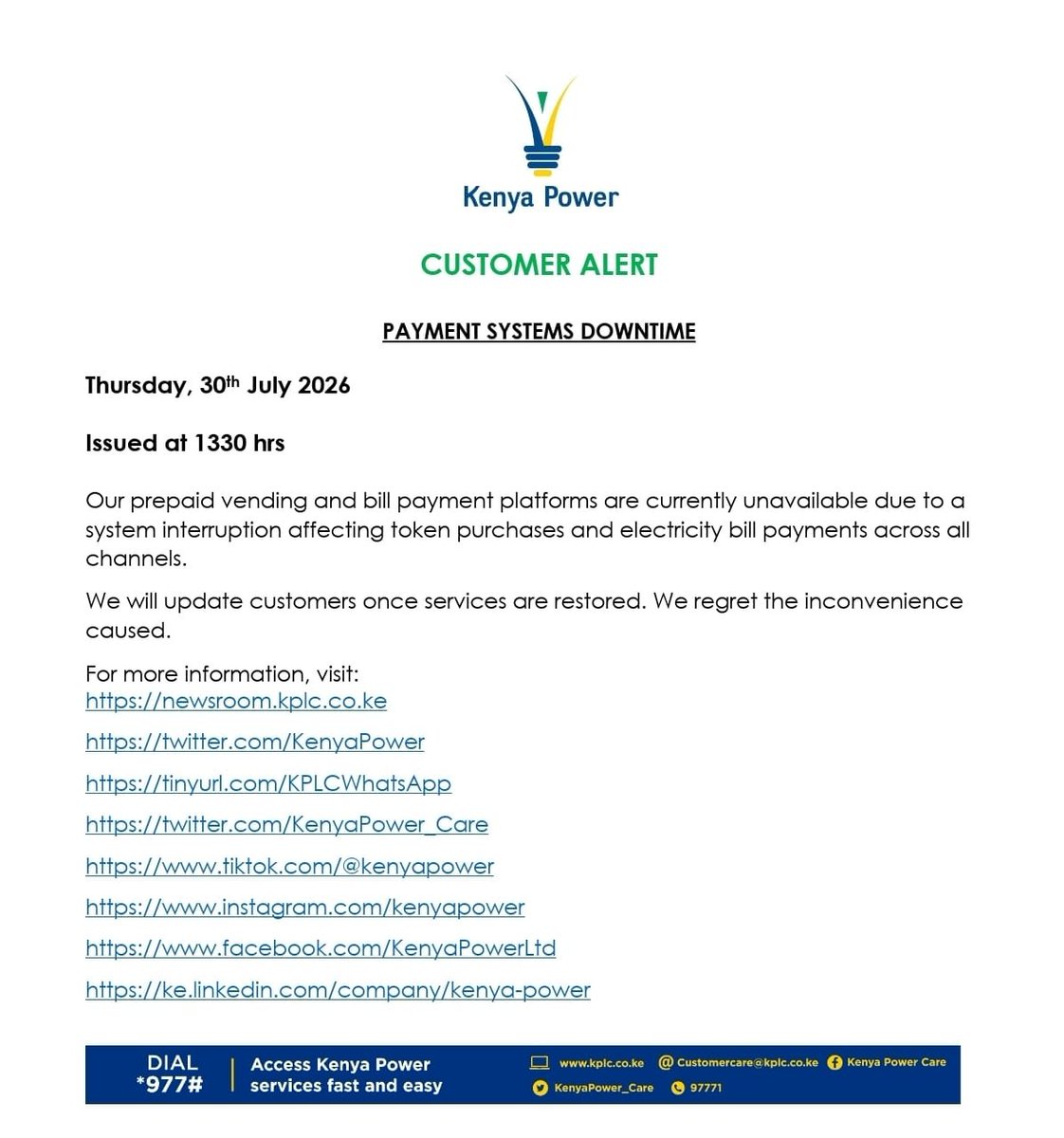 KenyaPower's tweet photo. CUSTOMER ALERT: Payment Systems Downtime ^OS https://t.co/AaSG80YqRZ