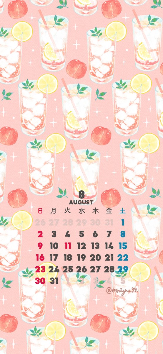 omiyu99's tweet photo. ピーチスカッシュな壁紙カレンダー【2026年8月】🍑
#illust #illustration #壁紙 #イラスト #iPhone壁紙 #食べ物 #カレンダー https://t.co/HjliPVtiMV
