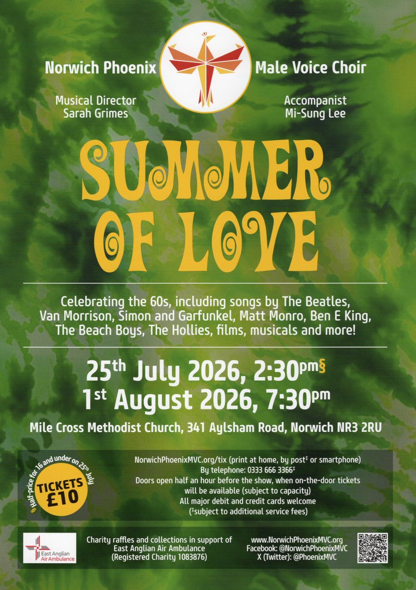 PhoenixMVC's tweet photo. Revisit the Summer of Love all over again as we Celebrate the 1960s once more!!!
Male voice choral songs from the decade that changed the world. 7.30pm this Saturday, 1st August, Mile Cross Methodist Church.
Tickets:  https://t.co/EE1rhaYQiD
#Norwich
#Singing #Choir https://t.co/SmC9lkvcHq