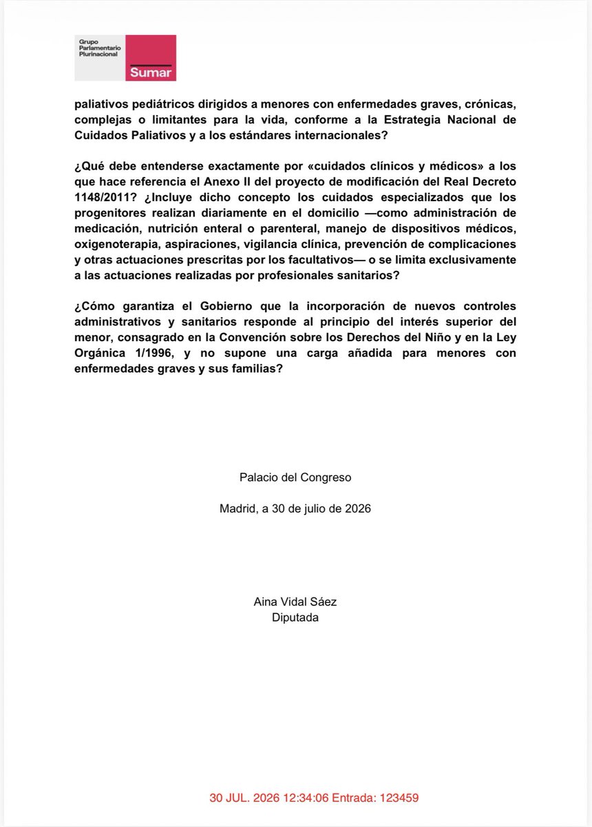 AinaVS's tweet photo. Cuidar a un hijo o hija con una enfermedad grave es devastador. Es inaceptable que el Ministerio mire hacia otro lado mientras la burocracia y las mutuas maltratan a las familias.

Hoy registramos preguntas al Gobierno sobre la prestación CUME. Basta de dudar del criterio médico y de tener a familias en el juzgado.