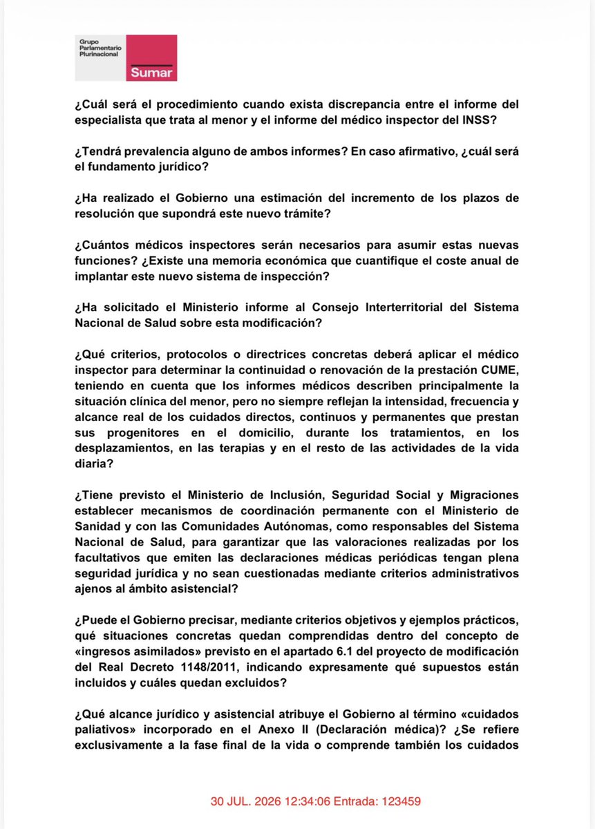 AinaVS's tweet photo. Cuidar a un hijo o hija con una enfermedad grave es devastador. Es inaceptable que el Ministerio mire hacia otro lado mientras la burocracia y las mutuas maltratan a las familias.

Hoy registramos preguntas al Gobierno sobre la prestación CUME. Basta de dudar del criterio médico y de tener a familias en el juzgado.