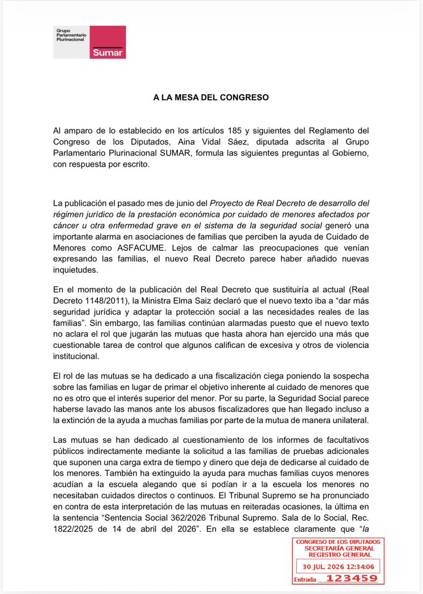 AinaVS's tweet photo. Cuidar a un hijo o hija con una enfermedad grave es devastador. Es inaceptable que el Ministerio mire hacia otro lado mientras la burocracia y las mutuas maltratan a las familias.

Hoy registramos preguntas al Gobierno sobre la prestación CUME. Basta de dudar del criterio médico y de tener a familias en el juzgado.