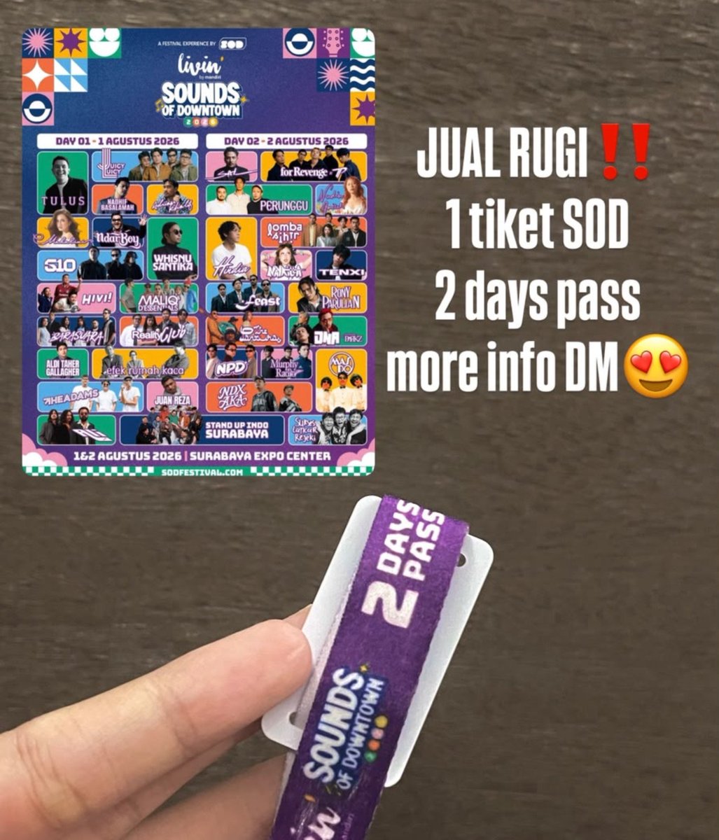 emunivers_'s tweet photo. wts tiket SOD surabaya untuk 2 day pass sabtu dan minggu 1 tiket saja. harga 350k nego sampe jadi sudah jadi gelang siap cod ditempat!! buruuann gasss #surabaya #wts #zonauang #SOD https://t.co/l5wgSVIVGQ