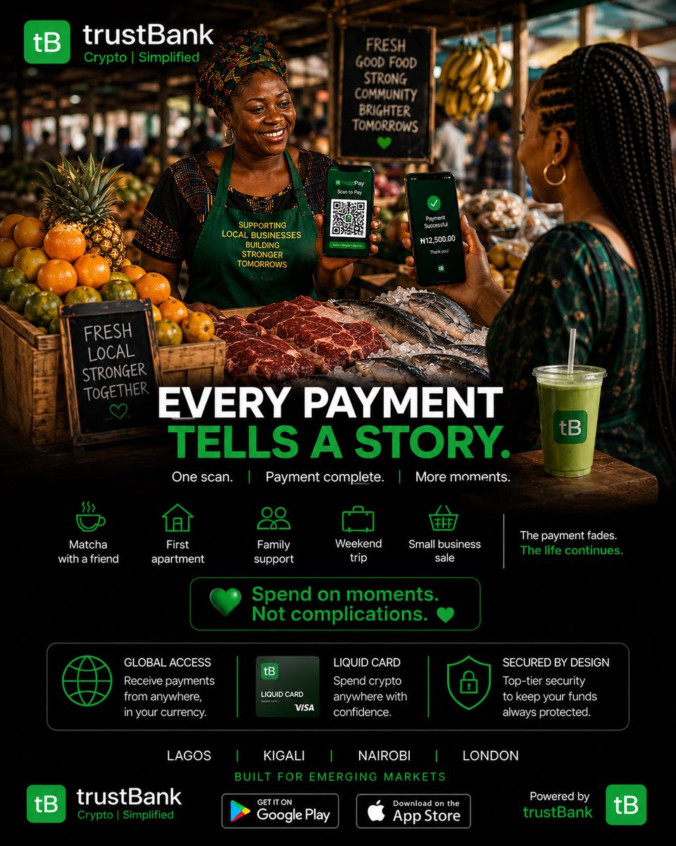 __theCEO's tweet photo. People don’t wake up excited to make payments. They wake up excited to live.

Payments should simply work.

That’s the future we’re building at trustBank. 💚 @trustbanktech 

#BuildingInPublic #Fintech #Startup #Crypto #Africa https://t.co/puLvEy9JYr