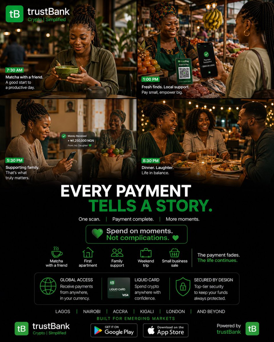 __theCEO's tweet photo. People don’t wake up excited to make payments. They wake up excited to live.

Payments should simply work.

That’s the future we’re building at trustBank. 💚 @trustbanktech 

#BuildingInPublic #Fintech #Startup #Crypto #Africa https://t.co/puLvEy9JYr
