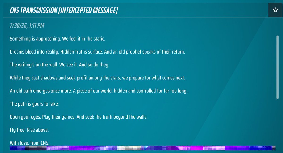 TheFinalsLatest's tweet photo. CNS has returned as a sponsor in THE FINALS!

An "intercepted message" from the group and new cryptic contract have also appeared in-game. https://t.co/1nm02u2vka