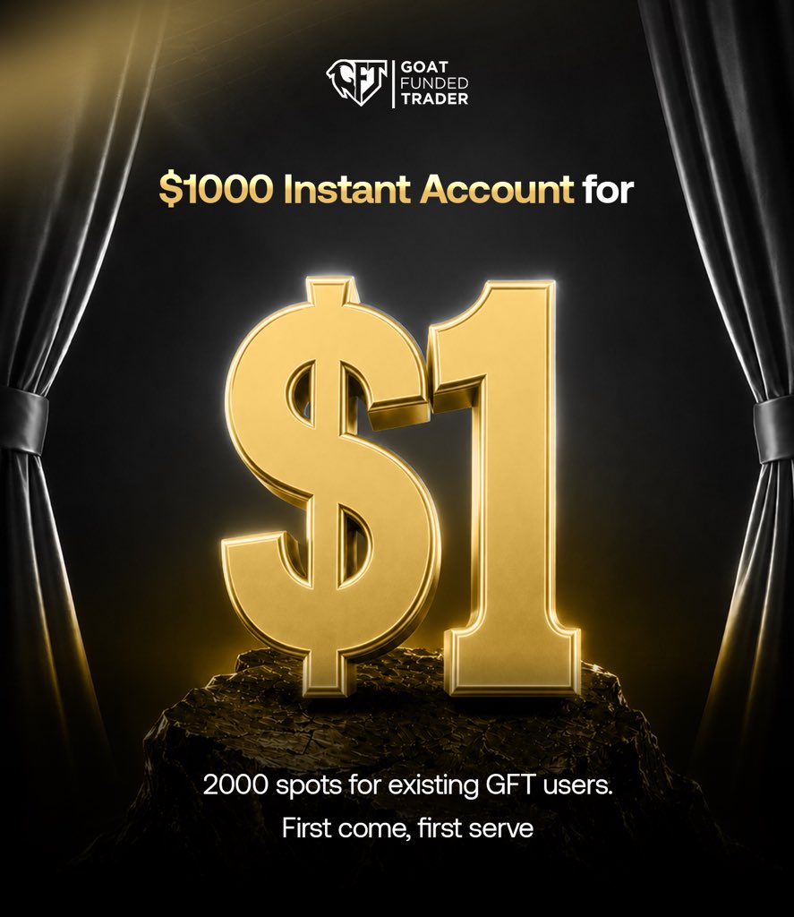 GoatFunded's tweet photo. 🚨 GFT TRADERS 🚨 

$1000 INSTANT ACCOUNT for 1$ ✅

Available all existing GFT Users

2000 spots: first come, first serve

Unlock it from inside the Trader Dashboard, once all spots are taken, it will disappear https://t.co/VCVGy0WpMp