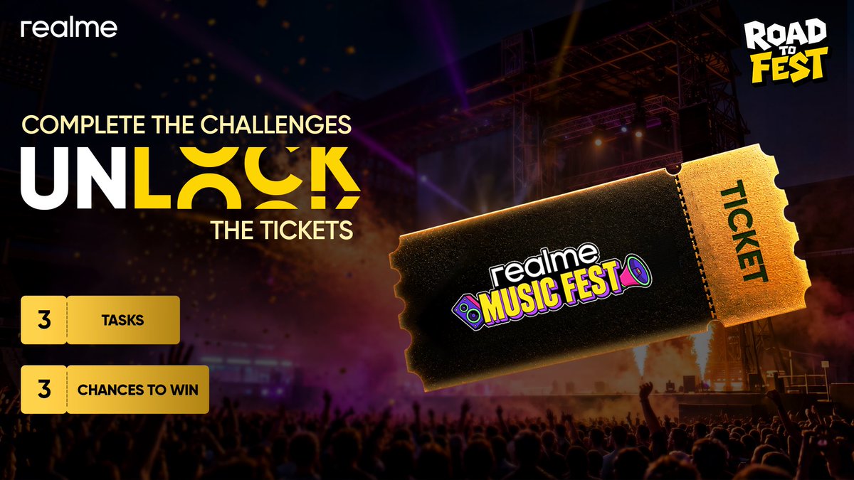 realmeIndia's tweet photo. CONTEST ALERT 🚨
Your chance to win tickets to the #realmeMusicFest is here!
We have 4 challenges. Participate in #RoadToFest challenges and stand a chance to watch Dhanda Nyoliwala, Chaar Diwari, and more live. 🔥
🎟️ Let the challenge begin.
T&C apply.
#MakeItreal #realmeFanFest #realmeIndia #MakeItRealMakeItLoud