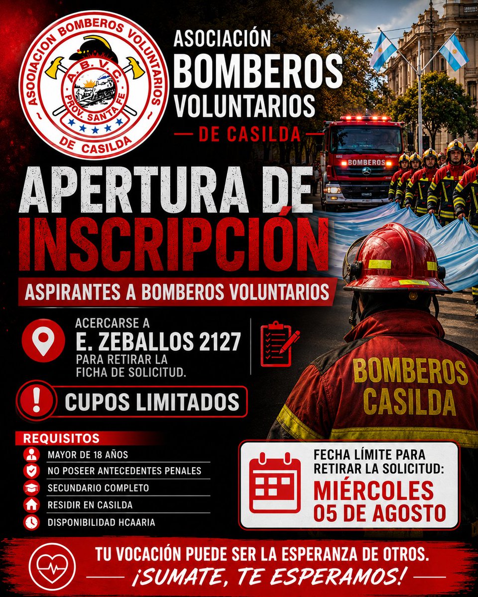 bomberoscasilda's tweet photo. Inscripciones para Aspirantes a Bomberos Voluntarios Casilda ✅️🚒

Requisitos: 
》 Ser mayor de 18 años. 
》 No poseer antecedentes penales. 
》 Secundario completo. 
》 Residir en Casilda. 
》 Contar con disponibilidad horaria.

📍 Retirá tu ficha de solicitud en el cuartel https://t.co/LbONmI5YIo