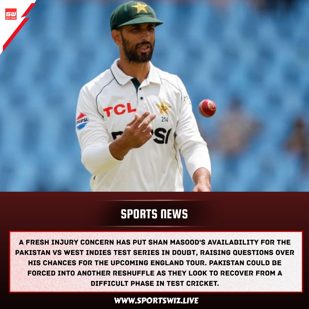 mysportswiz's tweet photo. Shan Masood Out Of PAK vs WI Tests, England Series Under The Cloud?
https://t.co/7Wm3X0Tlrs
#ShanMasood #PakistanCricket #PAKvsWI #PAKvENG #TestCricket #CricketNews #BabarAzam #WestIndies https://t.co/Rt6SL0UAiF