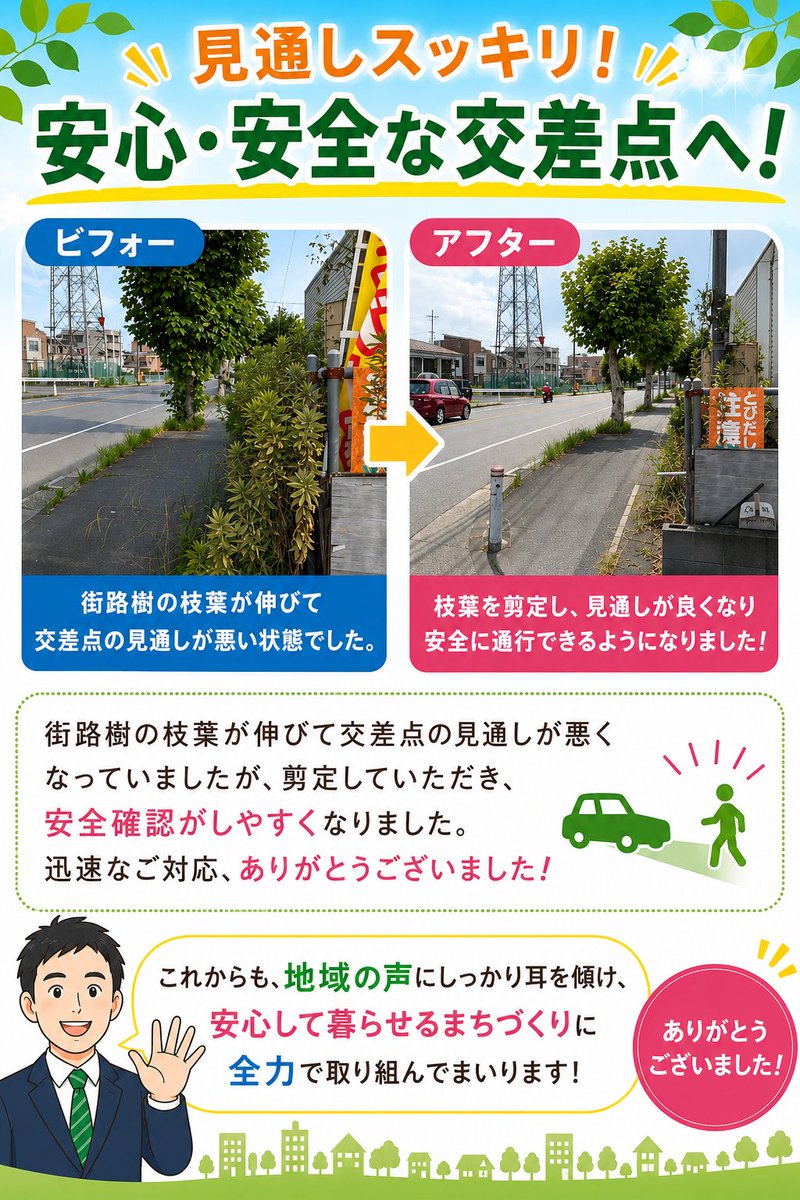 shigeki830e's tweet photo. 地域の声がカタチに！
街路樹の枝葉が伸びて見通しが悪くなっていた交差点について、剪定を行っていただきました。
おかげで安全確認がしやすくなり、安心して通行できる環境へ改善されました。
 ご対応いただいた担当部署の皆様、ご協力いただいた地域の皆様、ありがとうございました！ 
#八潮市 https://t.co/Fd2gk6SMkg