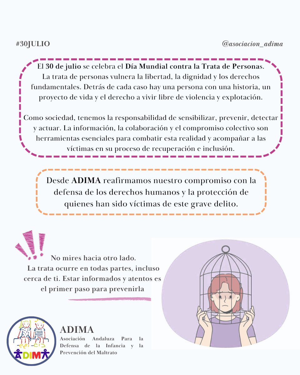 Asoc_ADIMA's tweet photo. La trata de personas es una grave vulneración de los derechos humanos que afecta a millones de personas en todo el mundo. Desde ADIMA queremos recordar nuestro compromiso con la prevención, la sensibilización y el apoyo a quienes han sufrido cualquier tipo de explotación. https://t.co/88PgsS8HXI