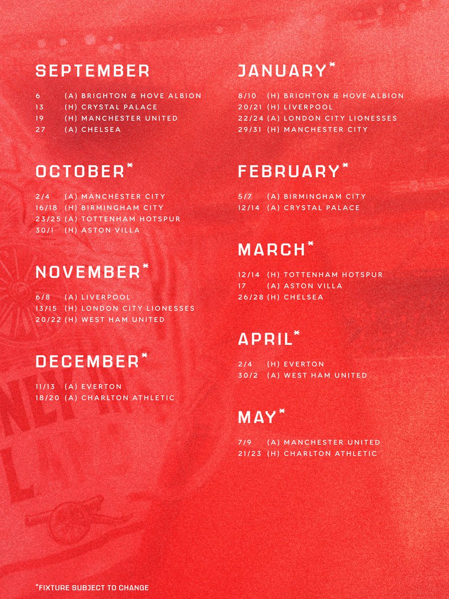 ArsenalWFC's tweet photo. Locked in 🔒

Our @BarclaysWSL 2026/27 season fixtures list 🗓️ https://t.co/1ifUYaCCZB