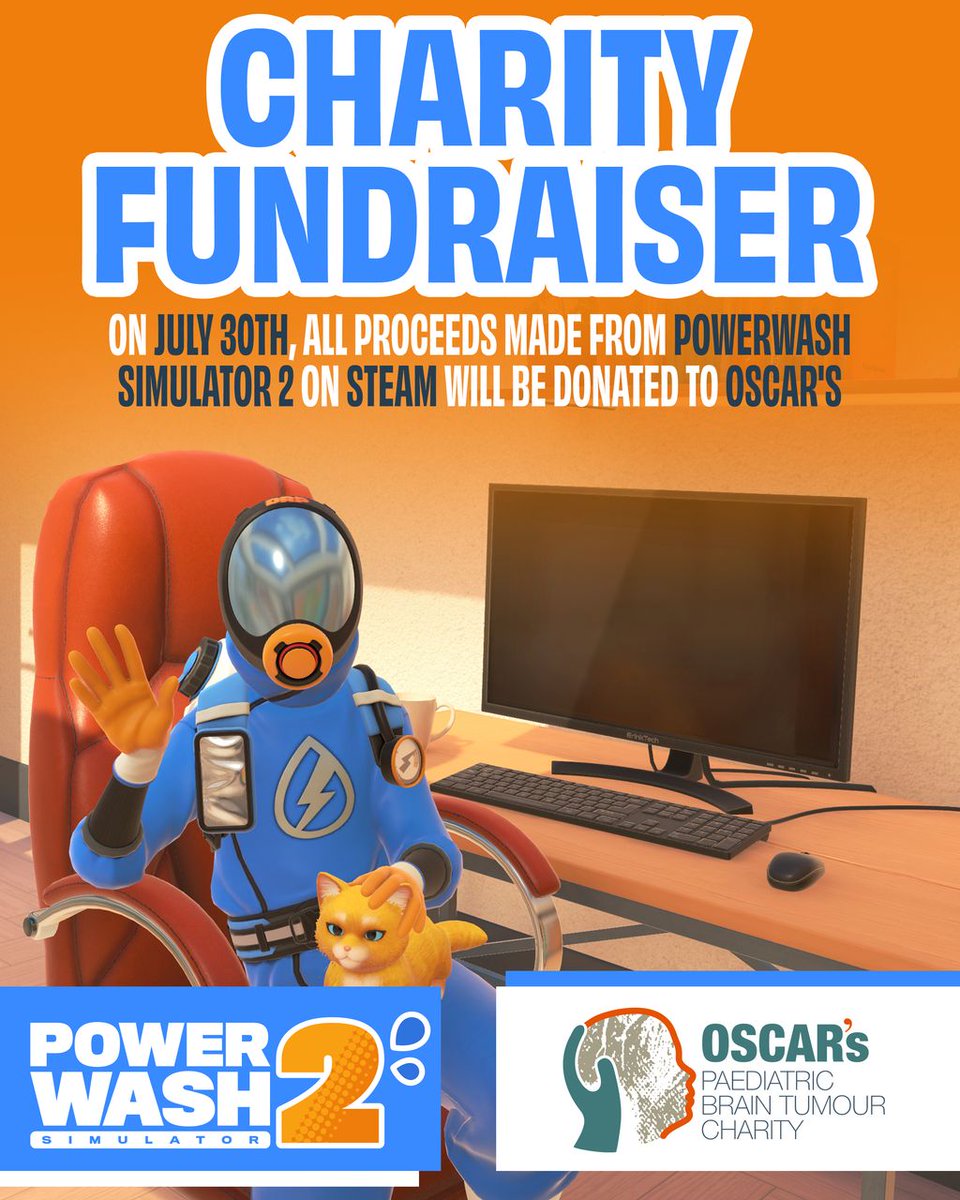 PowerWashSim's tweet photo. We're raising funds for OSCAR's!

Last night, we announced that on July 30th all proceeds earned from PowerWash Simulator 2 Steam base-game sales will be donated to OSCAR's Paediatric Brain Tumour Charity. 

If you've not picked up PWS2 yet or know someone who will enjoy restoring Caldera County to its former gleaming glory, now is the perfect time to grab it!