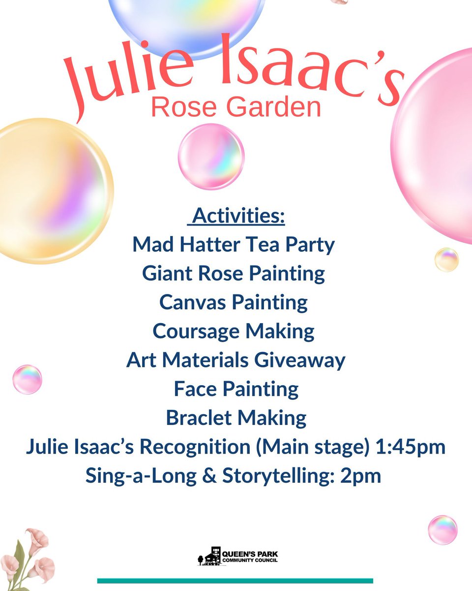 QPCouncil's tweet photo. This Saturday at #QueensPark Summer Festival, we’re dedicating the Rose Garden—our kids' zone for the day—to the memory of Julie Isaac 🌹

Activities for children:
🫖 Mad Hatter Tea Party
🎨 Painting &amp; Crafts

⏰ 1:45 PM: Main Stage Recognition
🎶 2:00 PM: Rose Garden Sing-a-Long https://t.co/HyBSIUZbXn