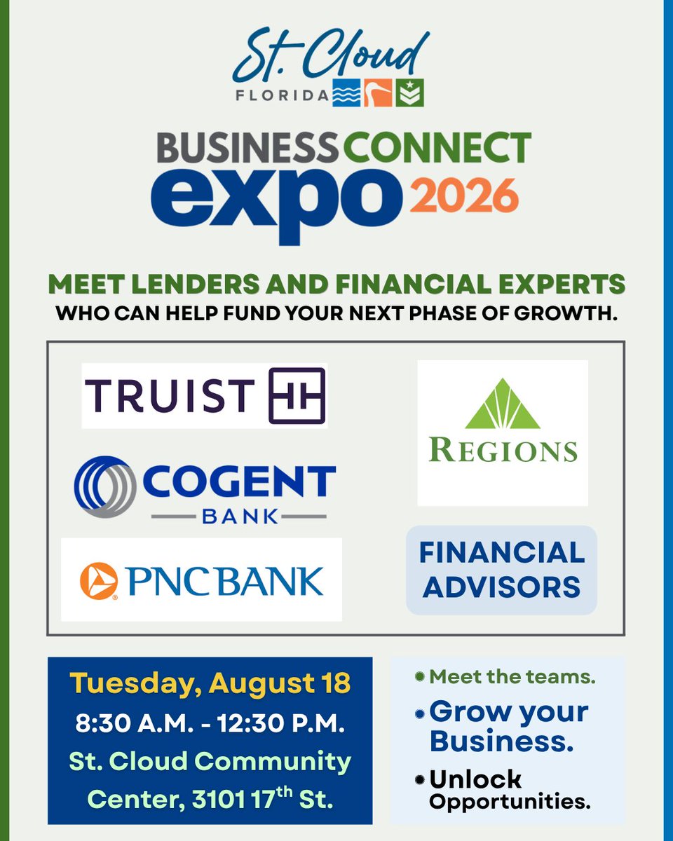 CityofStCloudFL's tweet photo. Looking to grow your business? Connect with banks, financial advisors, and funding resources at Business Connect Expo 2026! Meet Regions, PNC, Truist, Cogent Bank, and more. Join us Tuesday, August 18, 8:30 a.m.-12:30 p.m.

Register: https://t.co/5za8KEooTn https://t.co/wBVwrILtab