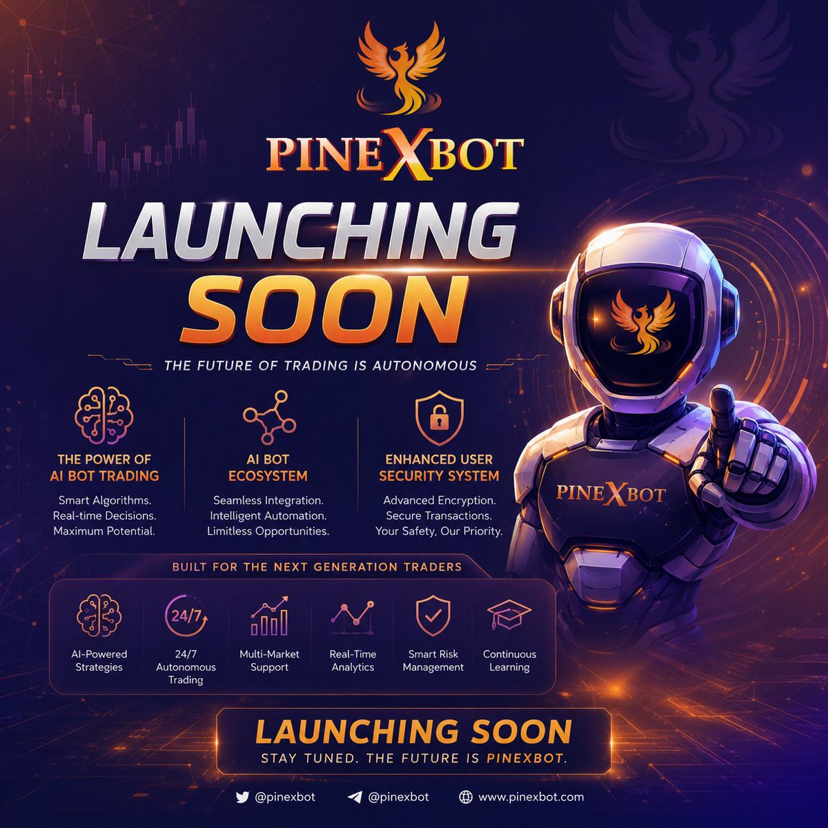 PinexBot's tweet photo. **🚀 Launching Soon: PINEXBOT 🔥**

The future of AI-powered crypto trading is almost here! 🤖📈

Experience the power of intelligent AI Bot Trading, a next-generation AI Bot Ecosystem.

Stay tuned—something revolutionary is coming.

**#PINEXBOT #LaunchingSoon #AITrading https://t.co/K8B3EZT3tB