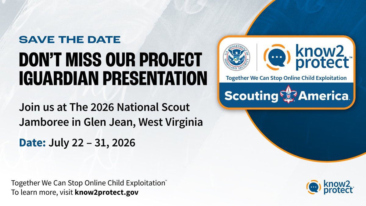 Know2Protect's tweet photo. Last chance to see #Know2Protect at the 2026 National Scout Jamboree in Glen Jean, WV! Join us for a live #ProjectiGuardian presentation on online safety.
Stop by to get practical tools and helpful resources to protect kids and teens online.
📍July 30 at 9:30 a.m. final presentation for Adults
@natjamboree #NatJamboree26 #Know2Protect