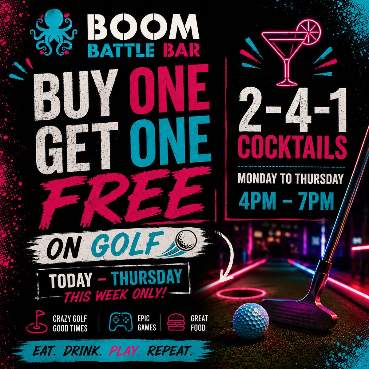 MoorSheffield's tweet photo. BOGOF on golf at Boom Battle Bar! 🏌️ 

Head to Boom Battle Bar this week for:

⛳ Buy One Get One Free on golf
🍹 2-4-1 cocktails

Available Monday–Thursday, 4pm–7pm.

Head to The Moor Sheffield to find out more. 🛍️ https://t.co/uQj7pJpdNm