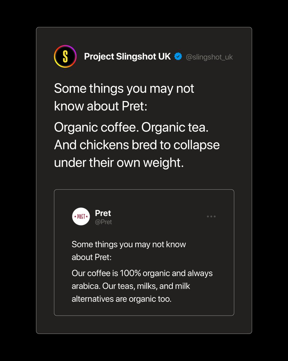 slingshot_uk_'s tweet photo. Pret will happily tell us all about its organic coffee and tea. The Frankenchickens bred to collapse under their own weight? Not a word.
Send an email to Pret: https://t.co/WgZH5QG6xz
#BanFrankenchickens #Pret #DontBuyIt #EndFactoryFarming #ProjectSlingshot https://t.co/DB6Qr0Uyw9