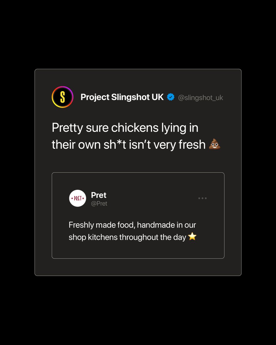 slingshot_uk_'s tweet photo. Pret will happily tell us all about its organic coffee and tea. The Frankenchickens bred to collapse under their own weight? Not a word.
Send an email to Pret: https://t.co/WgZH5QG6xz
#BanFrankenchickens #Pret #DontBuyIt #EndFactoryFarming #ProjectSlingshot https://t.co/DB6Qr0Uyw9