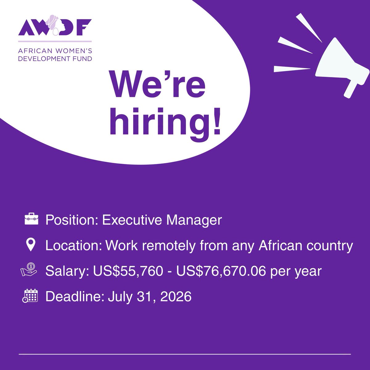 gigs_n_more's tweet photo. AWDF is hiring an Executive Manager - Accra, Ghana (or remote from Africa)

Salary: US$55,760 - US$76,670 annually

Apply by: 31st July 2026

Apply here: https://t.co/ieapP9zpRP

GhanaJobs GigsnMore Accra NGOJobs https://t.co/fc426ducUF