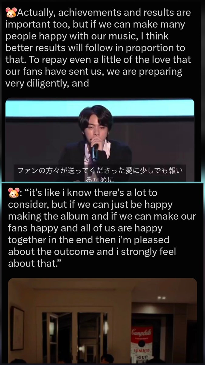 kore__1992's tweet photo. Seokjin has been unwavering in his beliefs about music. He practically said the same 2 things in 2020. 

Would like to point out in the netflix documentary his first sentence is better translated as "I know results are important..."

#JIN #방탄소년단진 #진 #BTSJIN https://t.co/mrzlE55Mkr