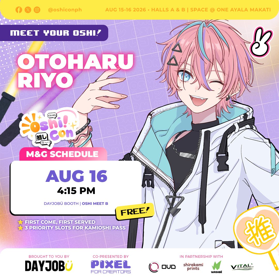 oshiconph's tweet photo. Ready to meet your oshis?

Say hi to @hazumiaileen, @ichikamaia, @OtoharuRiyo, and @ElveiraVT at the FREE Oshi Meet Area at the @dayjobuTV booth! Don't miss them on August 15-16, 2026 at SPACE at One Ayala (˶>⩊<˶)

#OshiMeet #OshiCon2026 #Oshi2Ü 💖 https://t.co/Po1iN8dnvu