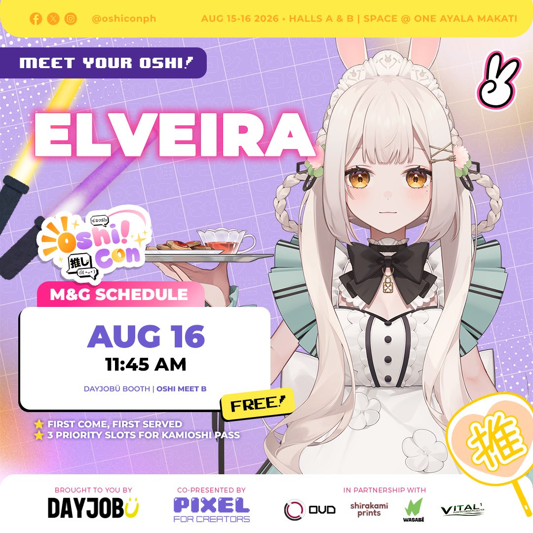 oshiconph's tweet photo. Ready to meet your oshis?

Say hi to @hazumiaileen, @ichikamaia, @OtoharuRiyo, and @ElveiraVT at the FREE Oshi Meet Area at the @dayjobuTV booth! Don't miss them on August 15-16, 2026 at SPACE at One Ayala (˶>⩊<˶)

#OshiMeet #OshiCon2026 #Oshi2Ü 💖 https://t.co/Po1iN8dnvu