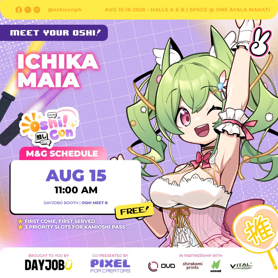 oshiconph's tweet photo. Ready to meet your oshis?

Say hi to @hazumiaileen, @ichikamaia, @OtoharuRiyo, and @ElveiraVT at the FREE Oshi Meet Area at the @dayjobuTV booth! Don't miss them on August 15-16, 2026 at SPACE at One Ayala (˶>⩊<˶)

#OshiMeet #OshiCon2026 #Oshi2Ü 💖 https://t.co/Po1iN8dnvu