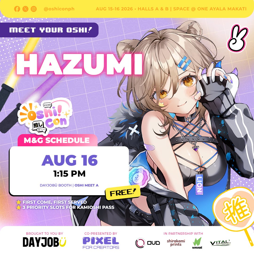 oshiconph's tweet photo. Ready to meet your oshis?

Say hi to @hazumiaileen, @ichikamaia, @OtoharuRiyo, and @ElveiraVT at the FREE Oshi Meet Area at the @dayjobuTV booth! Don't miss them on August 15-16, 2026 at SPACE at One Ayala (˶>⩊<˶)

#OshiMeet #OshiCon2026 #Oshi2Ü 💖 https://t.co/Po1iN8dnvu